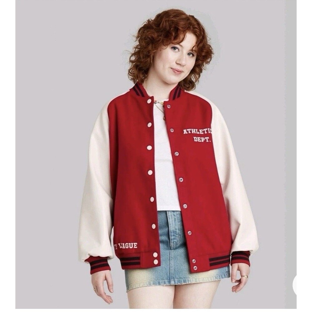 Women's Faux Leather Varsity Jacket - Wild Fable Dark Red Colorblock XS